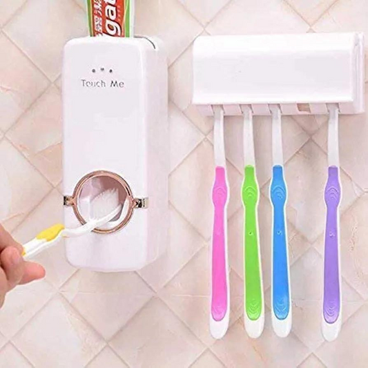 Rolozy Hands Free Wall Mounted Plastic Dust Proof Automatic 5 Toothpaste Dispenser Holder and Detachable Hole Dispenser